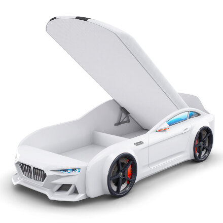 Кровать-машинка с матрасом, подъемным механизмом и подсветкой фар Dynamic-М Белый  